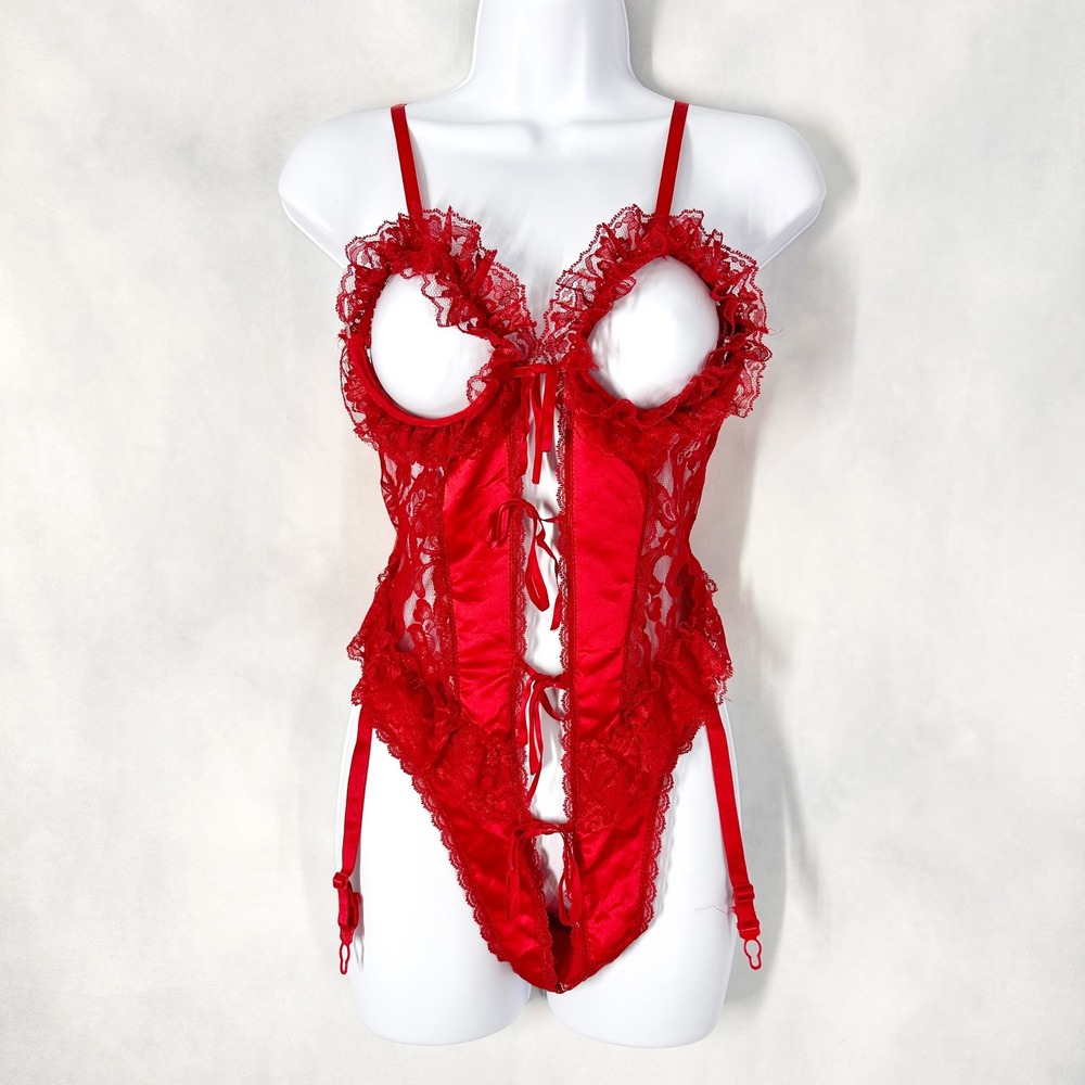 80s Fredericks of Hollywood Red Lace Crotchless Bodysuit Lingerie Womens Size 36